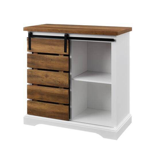 Walker Edison 32" Solid White & Reclaimed Wood Two-Tone Sliding Slat Door Accent Cabinet